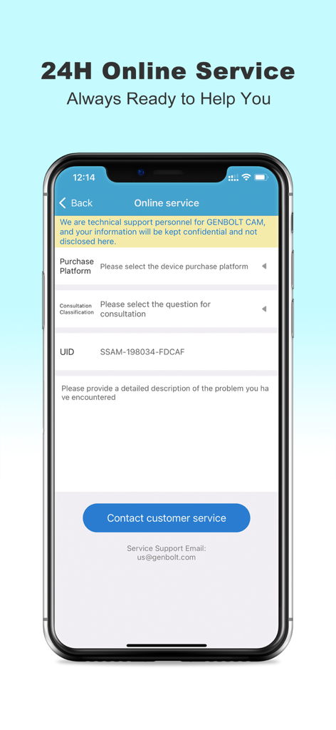 GENBOLT CAM app screen showing the 24 hour online service and customer support contact form