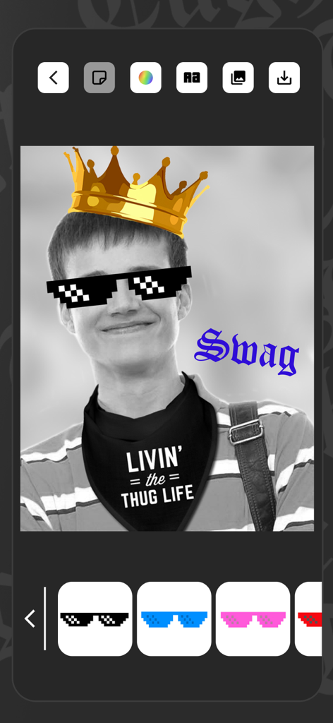 Thug Life Photo Stickers B) - Interface of the Thug Life Photo Stickers app showing a person with a gold crown and pixelated sunglasses stickers