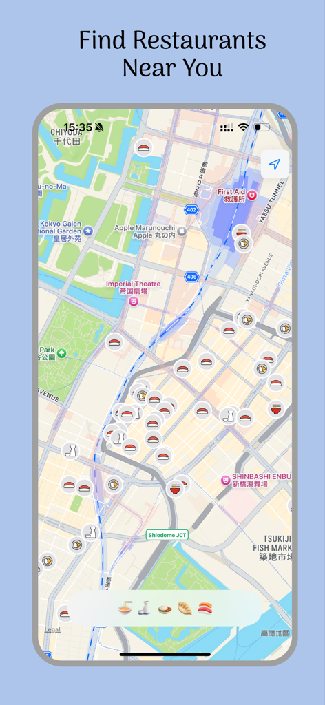 Interactive map of Tokyo in the Oishii Map app showing top-rated restaurant locations with category icons.