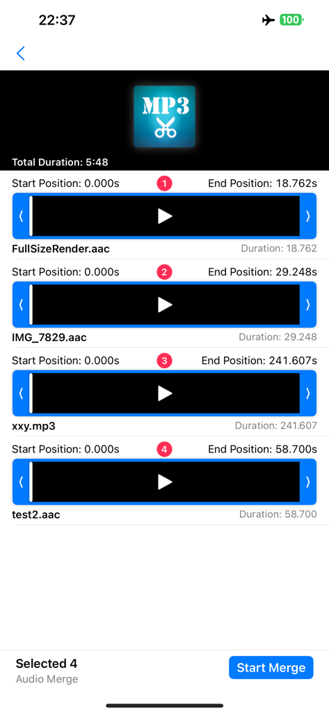 MP3Converter-Video2MP3 & Tools - Interface d'application mobile montrant quatre pistes audio sélectionnées prêtes à être fusionnées en un seul fichier