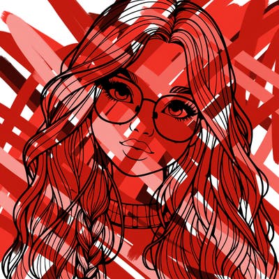 girl with long hair and freckles and glasses realistic