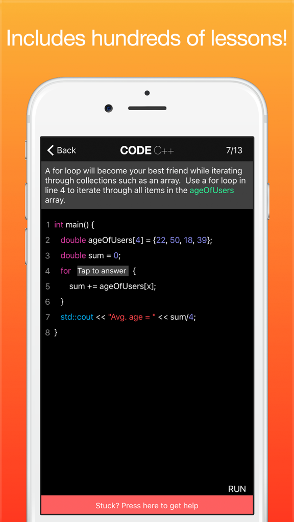 Learn C++ Programming - Interactive C plus plus coding lesson on a mobile device showing a for loop exercise