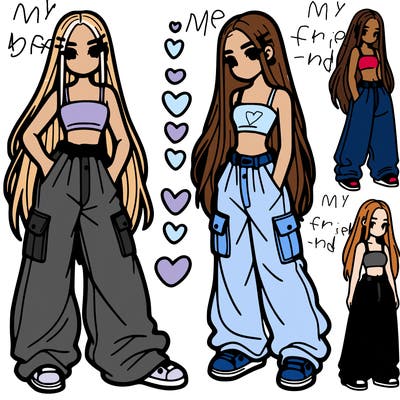 girl with baggy pants and crop top and very very long hair