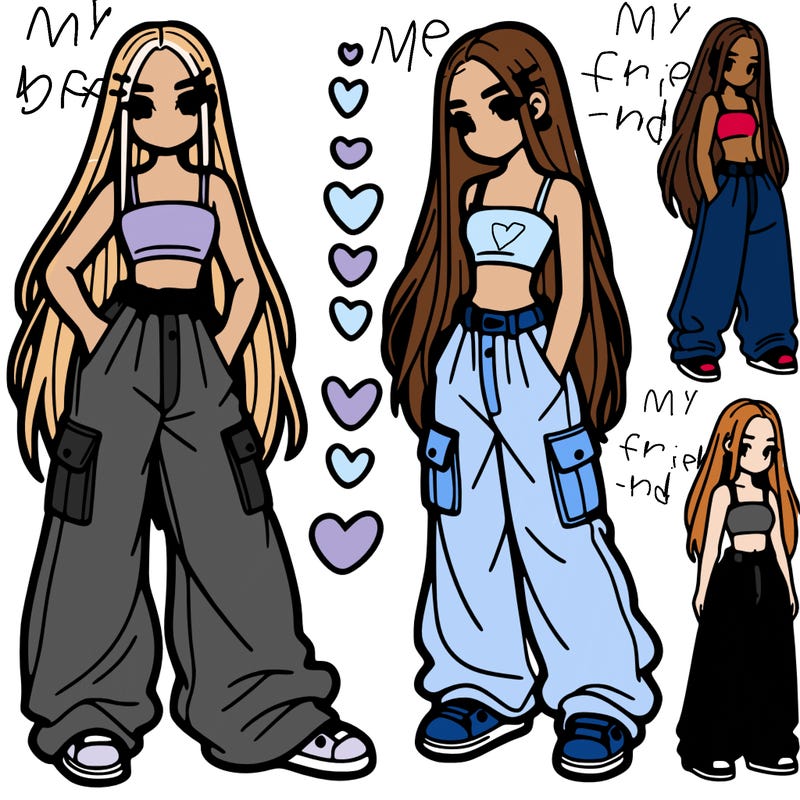 girl with baggy pants and crop top and very very long hair