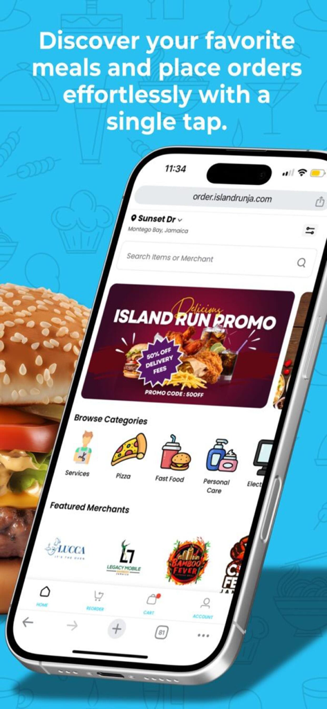 Smartphone screen displaying the Island Run Delivery app home page with food categories and a promo banner for delivery discounts.