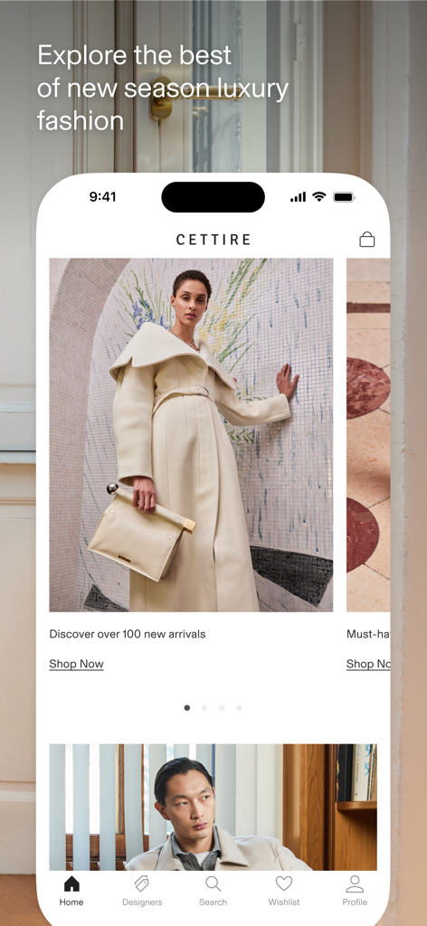 CETTIRE - The home screen of the CETTIRE app featuring new season luxury fashion and designer clothing collections.