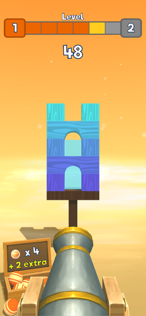 모바일 게임 Knock Balls에서 쌓여 있는 파란색과 보라색 블록 타워를 조준하고 있는 은색 대포.