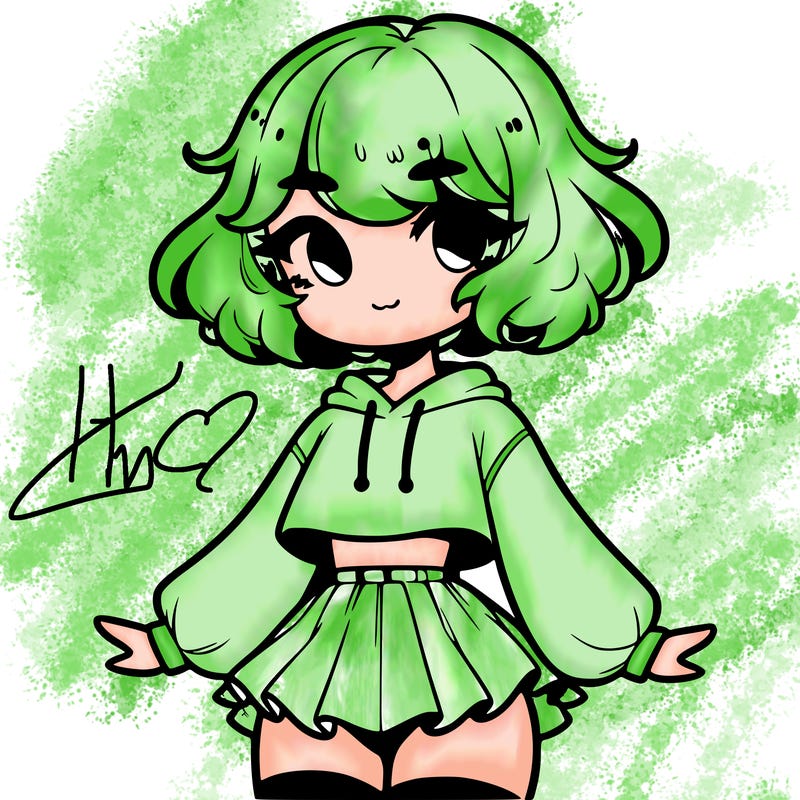 cute femboy with short, fluffy hair that softly frames their face, wearing a cropped hoodie, paired with a flouncy short skirt, and thigh-high stockings