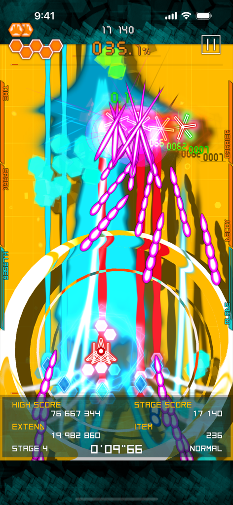 Bullet Hell Monday Black - Gameplay intense de shoot 'em up bullet hell avec des projectiles néon roses et des lasers bleus.