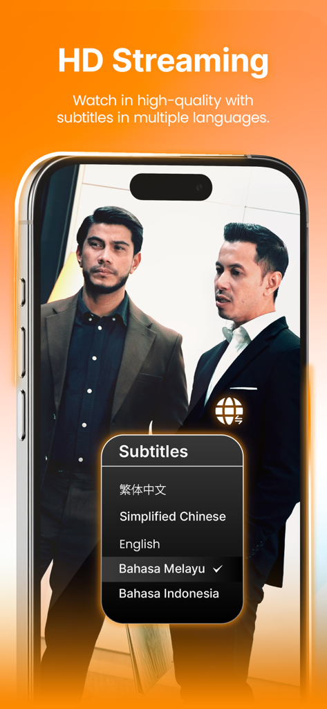 Smartphone screen showing a short drama with a subtitle selection menu featuring English, Chinese, and Malay languages.
