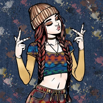 realistic teenage girl with braids and a beanie and crop top doing 🫶🏼