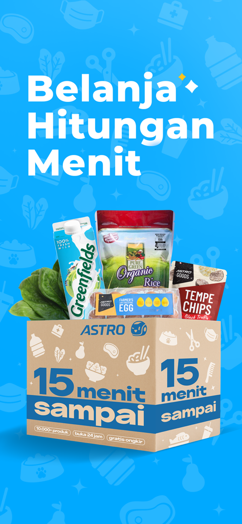 Astro - Groceries in Minutes - Astro delivery box filled with groceries and fresh milk showcasing 15 minute fast delivery