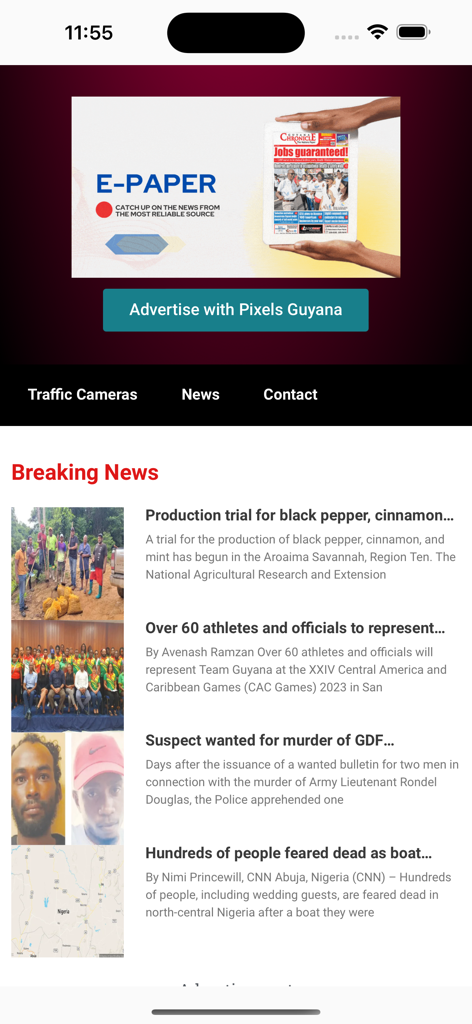 Pixels Guyana app interface showing a list of breaking news articles with images and headlines