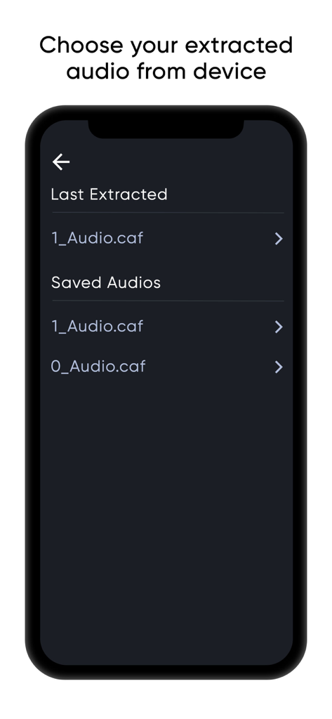Audio Extractor, Video to Mp3 - A screenshot of the Audio Extractor app showing a list of last extracted and saved audio files in caf format.