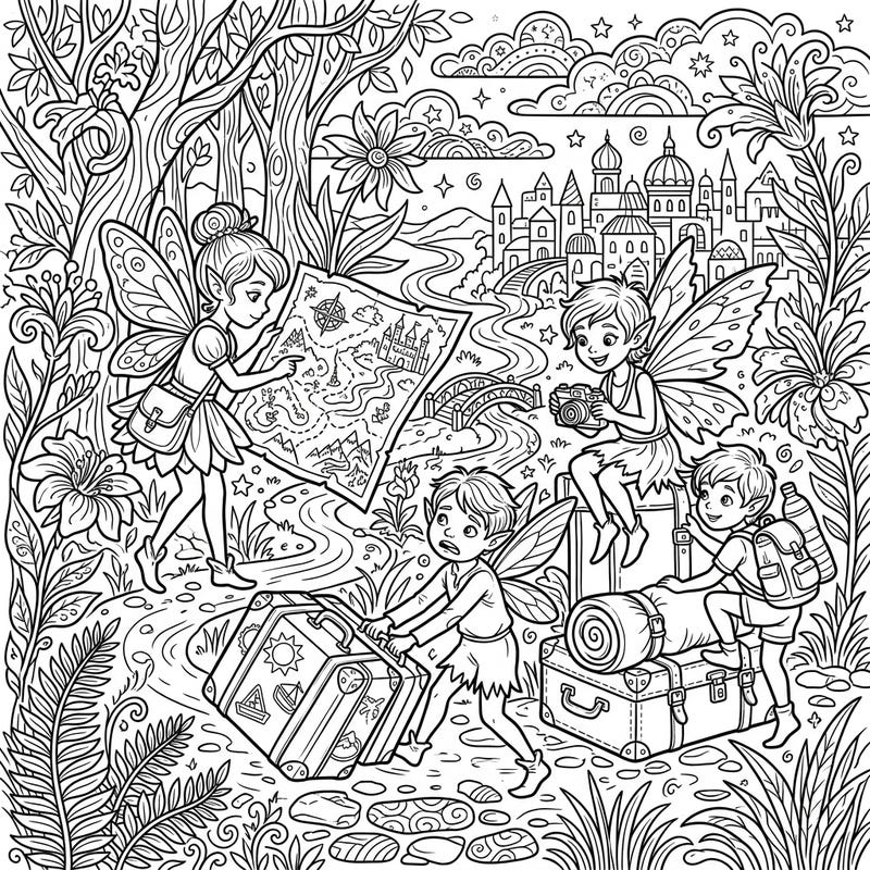 Dive into a world of magic and wanderlust with this captivating adult coloring page featuring adventurous pixies on their grand vacation. Discover intricate details and enchanting scenes perfect for a relaxing creative escape.