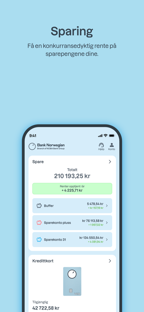 Bank Norwegian app interface showing savings account balances and credit card information