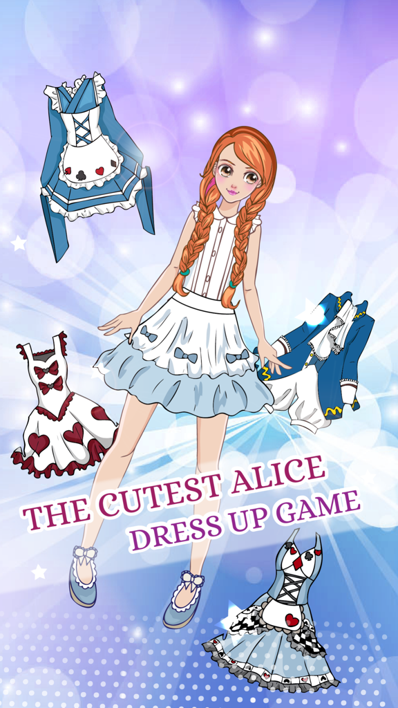 Alice Princess Games 2 - Dress Up Games for Girls - An anime girl character surrounded by various Alice in Wonderland inspired dresses in a dress up game