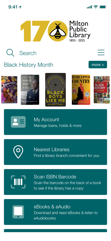 Milton Public Library - Home screen of the Milton Public Library mobile app displaying a search bar, a Black History Month book carousel, and menu options for account management, finding branches, and scanning ISBN barcodes.