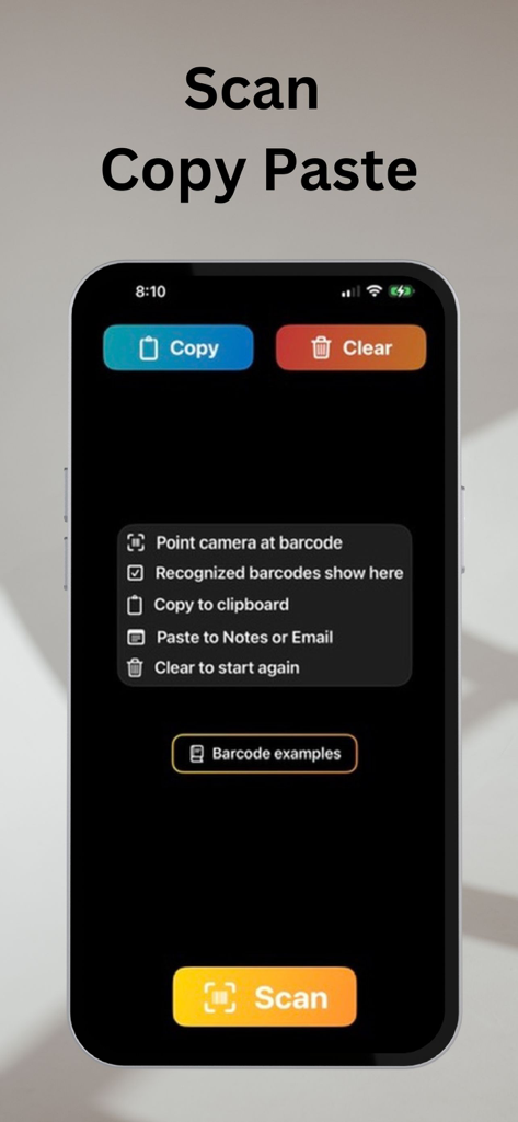 Scan And Paste - Interfaz de la aplicación Scan And Paste que muestra funciones de escaneo de códigos de barras y portapapeles