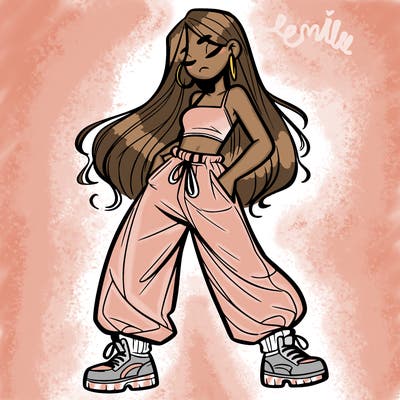 girl in baggy pants crop top and long hair