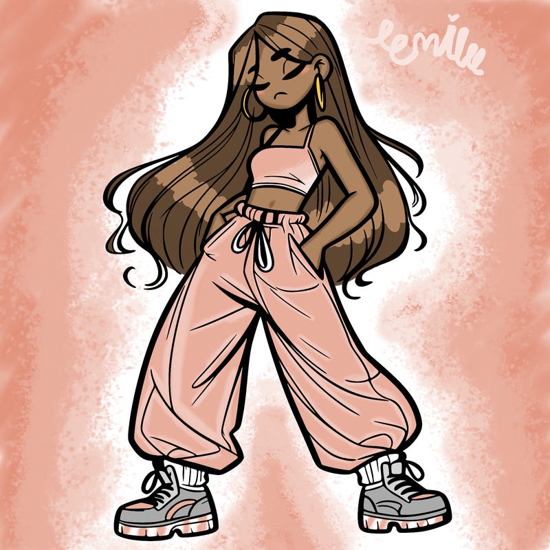 girl in baggy pants crop top and long hair