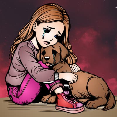 realistic girl crying with a realistic dog laying on her lap