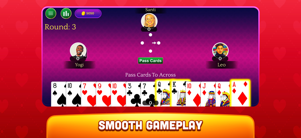 Hearts - Offline Card Game - Hearts card game interface showing the card passing phase with smooth gameplay label
