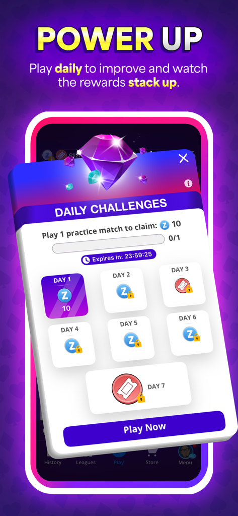 Solitaire Skillz - Win Cash - Tela de desafios diários do Solitaire Skillz mostrando recompensas semanais