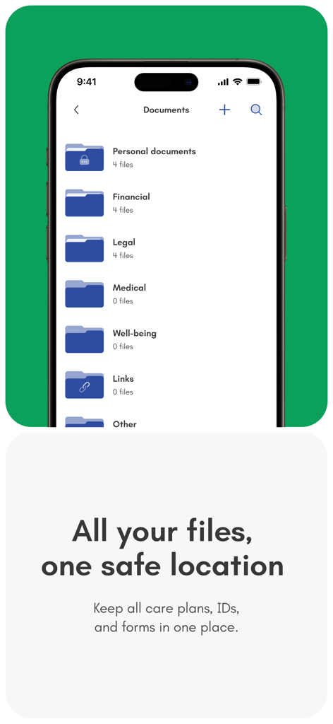 Caring Village - Smartphone screen showing the Caring Village app document management interface with organized folders for medical legal and financial records