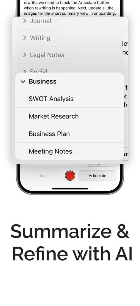 Mobile app interface showing AI summarization and refinement features for business and meeting notes.