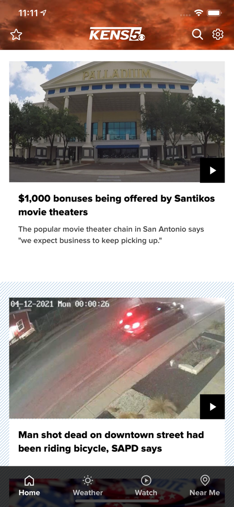 KENS 5 San Antonio News App Startbildschirm mit lokalen Schlagzeilen und Navigationsmenü.