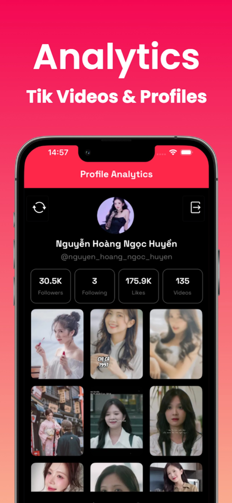 Mobile app screen displaying social media profile analytics with follower counts and video metrics