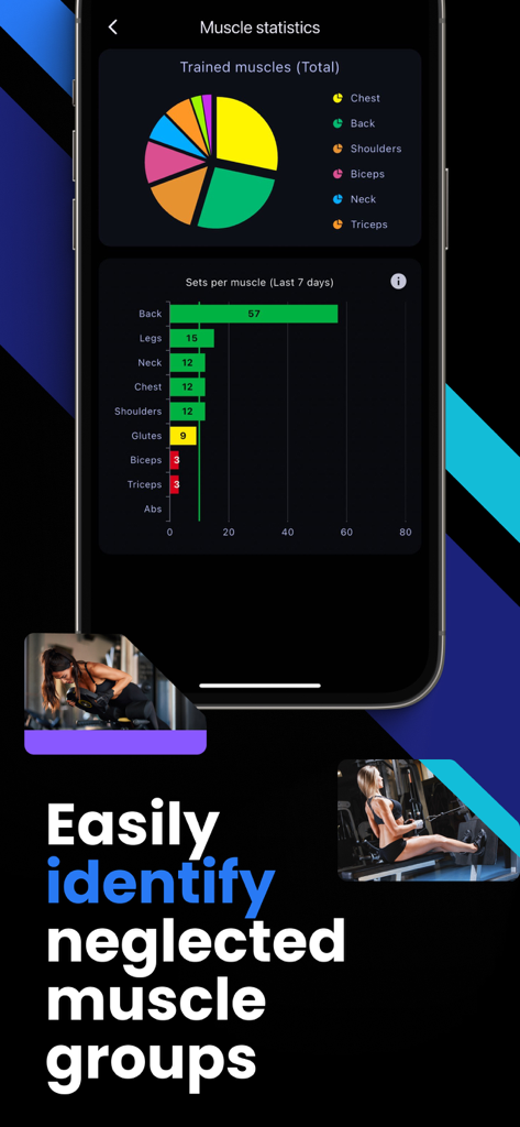 Heft - Exercise Tracker & Log - Heft app muscle statistics screen showing pie and bar charts for trained muscle groups and workout frequency.