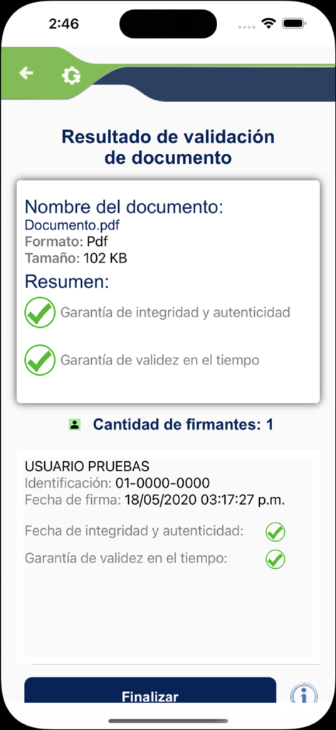 GAUDI Móvil - Interface de l'application GAUDI Movil montrant le résultat de validation d'un document PDF signé numériquement avec des coche pour l'authenticité et la validité