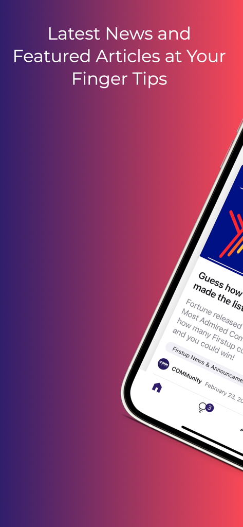 Firstup mobile app interface showing a personalized news feed with featured company articles and latest updates