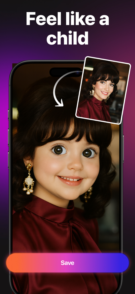 MiniMax AI - Video Generator - A mobile interface showing an AI transformation of a woman into a child version with a Save button