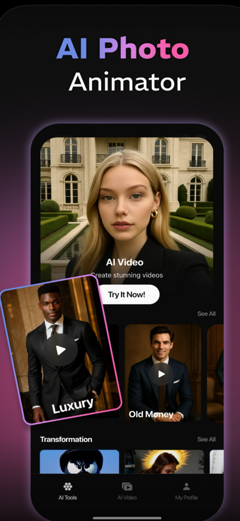 Vivideo.ai: AI Video Generator - Vivideo.ai app interface showing the AI Photo Animator feature with luxury and old money style video presets