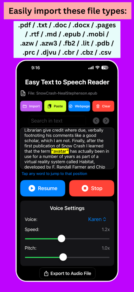 Easy Text to Speech Reader Pro - Interfaz de Lector Fácil de Texto a Voz Pro que muestra los formatos de archivo admitidos y la configuración de reproducción de voz en un iPhone.