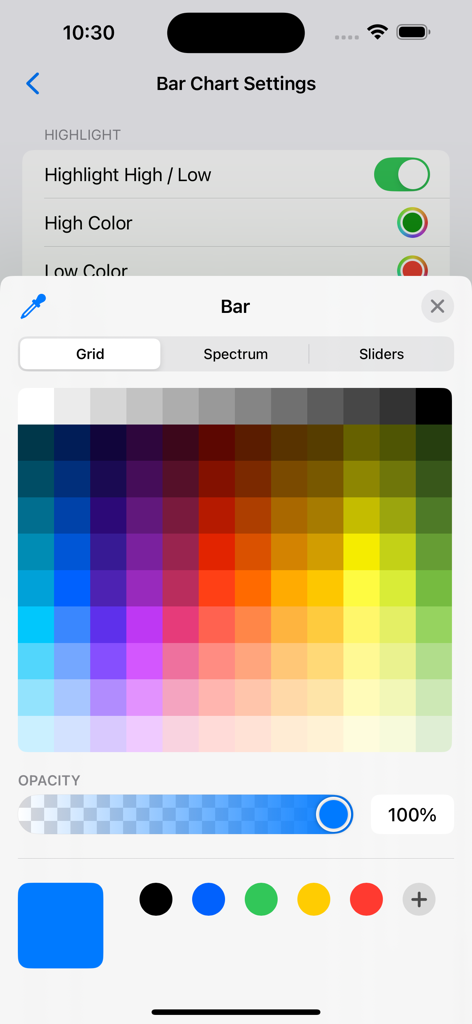 Color picker interface for customizing bar chart settings in the Forex Strength Meter Pro app