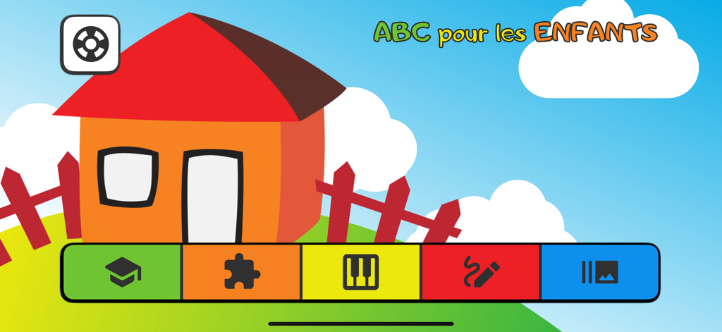 Menu principal de l'application d'apprentissage du français ABC pour enfants, présentant une maison de dessin animé colorée et des icônes d'activités.