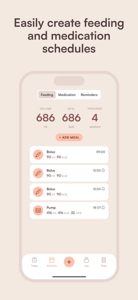 Tubie - Tube Feeding - Interface of the Tubie app showing a feeding and medication schedule with volume and calorie tracking