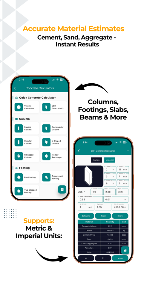 Construction Calculator A1 - ヤード・ポンド法の単位サポートにより、柱と基礎のコンクリート材料見積もりツールを表示する建設計算機 A1 モバイルアプリインターフェイス。