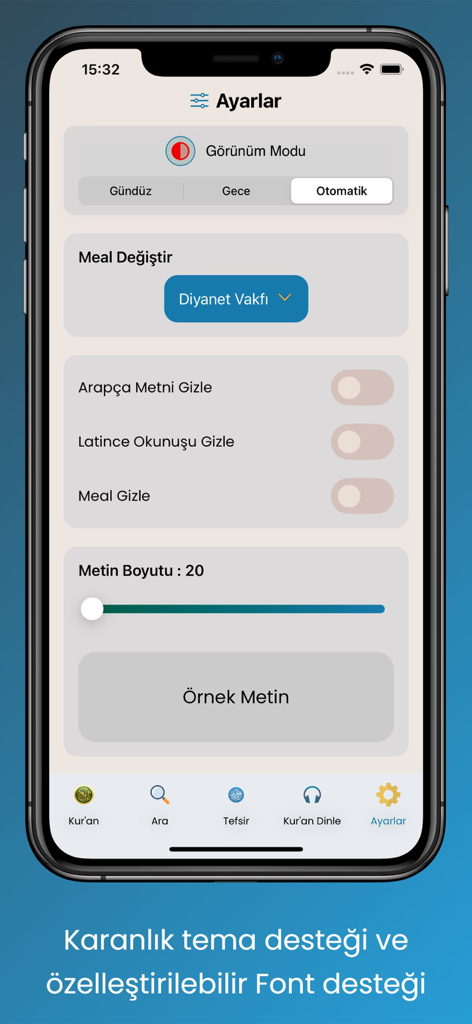 Settings screen of the Kur'an Dinle app showing appearance mode options and font size customization