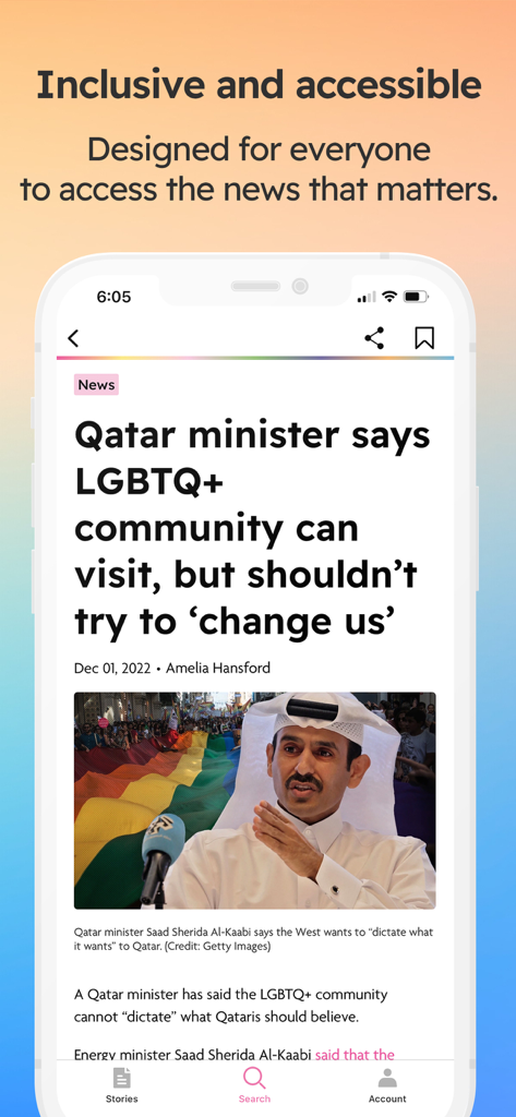 PinkNews app interface showing an article about LGBTQ plus rights and inclusive news design.