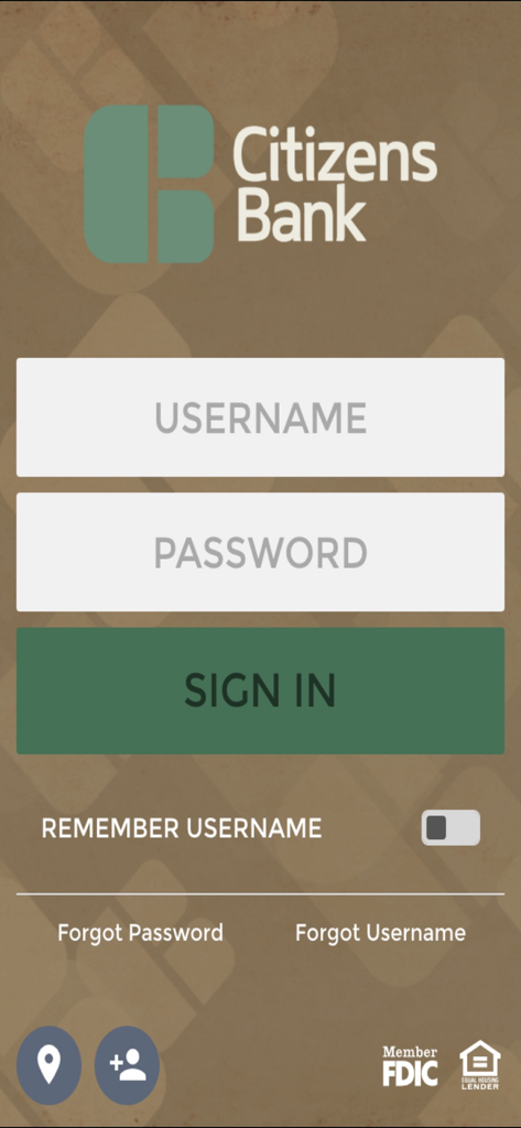 Citizens Bank (IN) - Login screen for the Citizens Bank IN mobile banking app featuring username and password input fields and a sign in button.