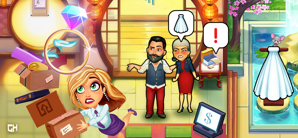 Fabulous - Wedding Disaster - Angela equilibrando caixas durante um desastre no planejamento de um casamento em uma butique nupcial