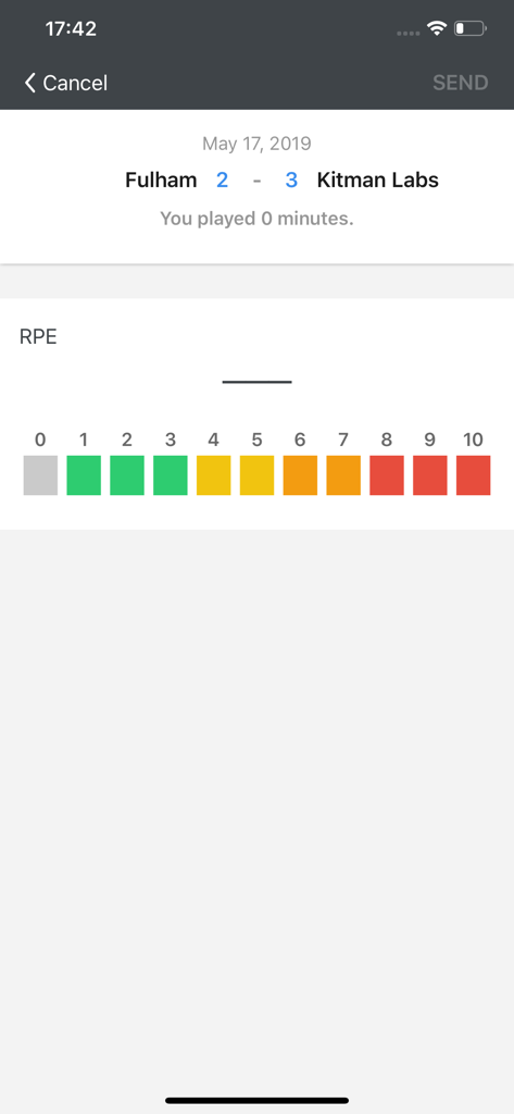 Kitman Labs Kiosk - Athlete RPE reporting screen in Kitman Labs Kiosk showing a color coded scale from 0 to 10