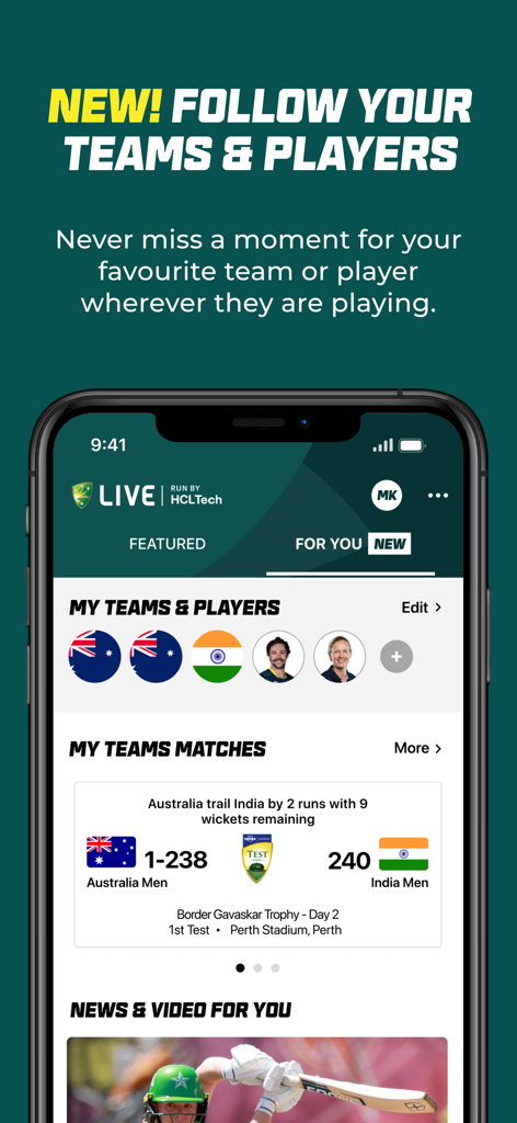 Smartphone screen showing the Cricket Australia Live app with personalized team and player tracking features and live match scores