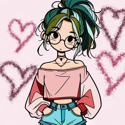 girl with a messy ponytail glasses a baggy crop top and jean shorts