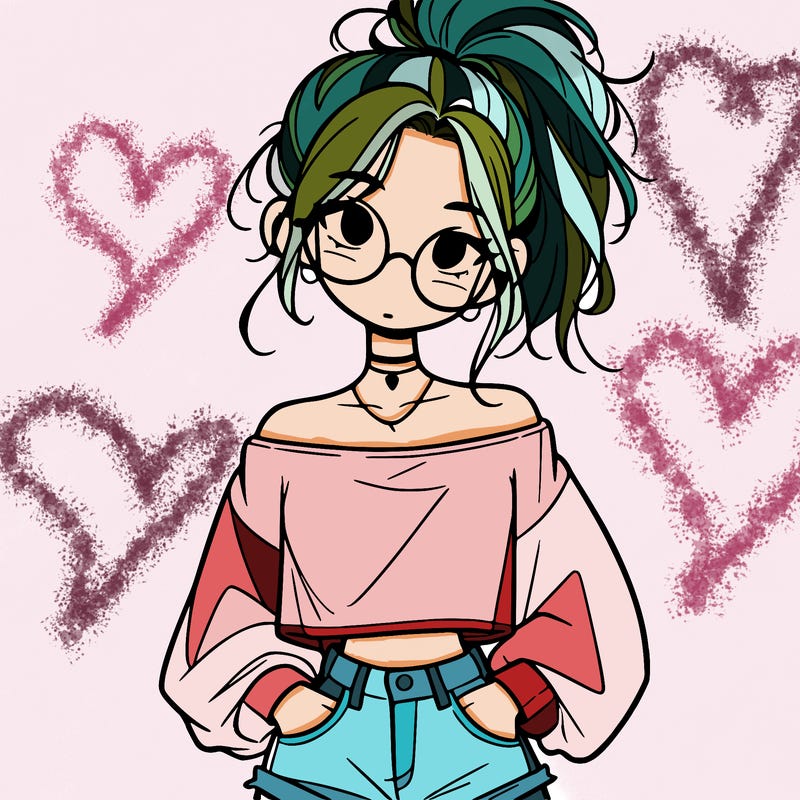 girl with a messy ponytail glasses a baggy crop top and jean shorts